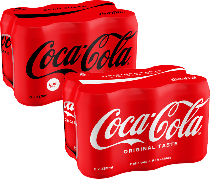 Coca-Cola 6-pack jopa -39 %. Perinteinen tai zero. 1,06 €/l, hinta yksittäin 4,55–4,89 €, hinta sis. pantin. Maks. 4 kpl/talous.