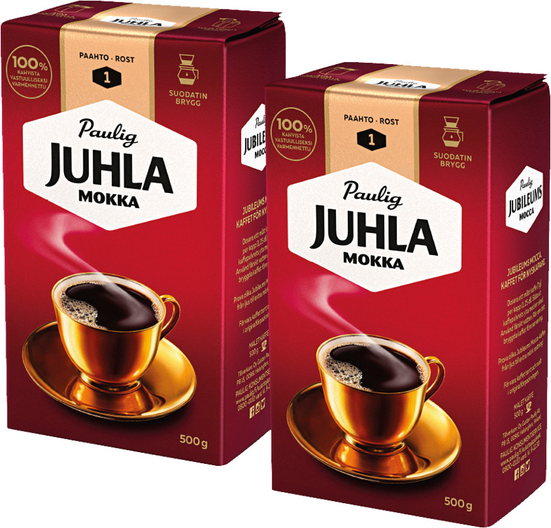 Paulig Juhla Mokka suodatinjauhatus 500 g -33 %. 8 €/kg, hinta yksittäin 5,99 €. Maks. 2 kpl/talous.