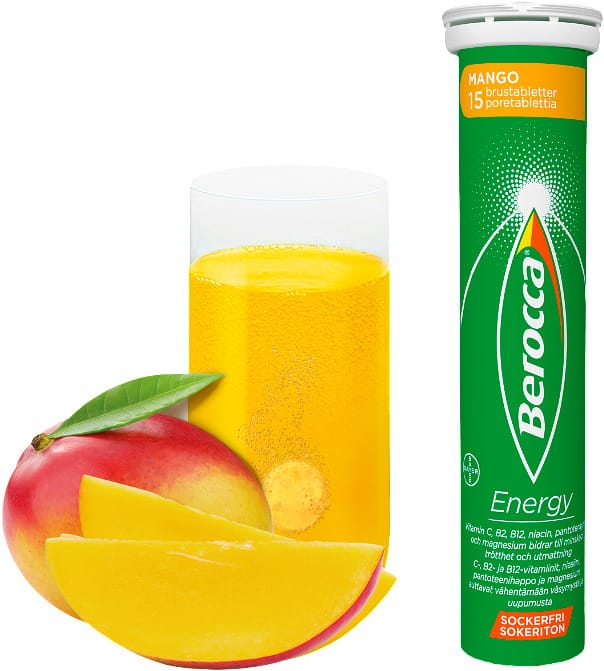 Berocca Energy Mango 15 poretablettia. Mangon makuinen monivitamiinivalmiste.