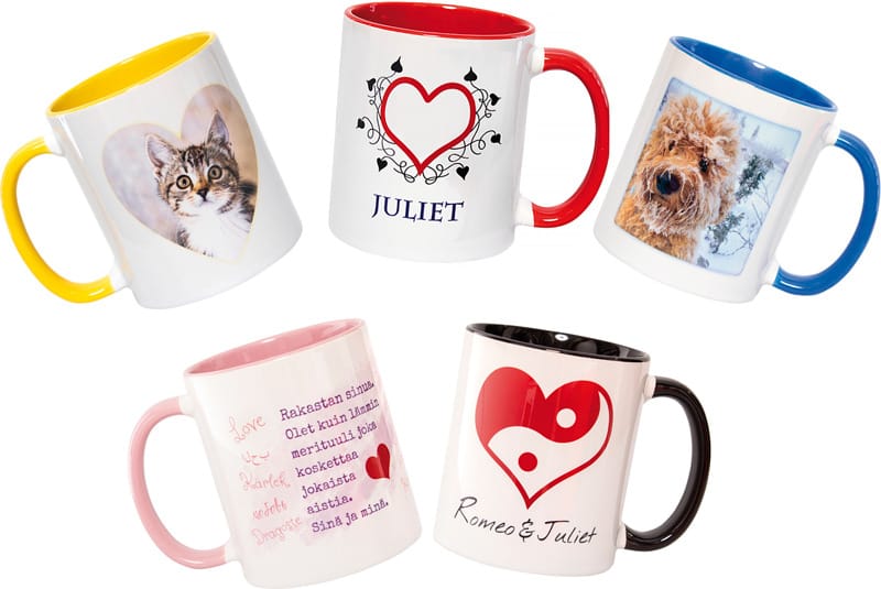 Kuvamuki, omalla kuvalla ja tekstillä. Useita värejä.