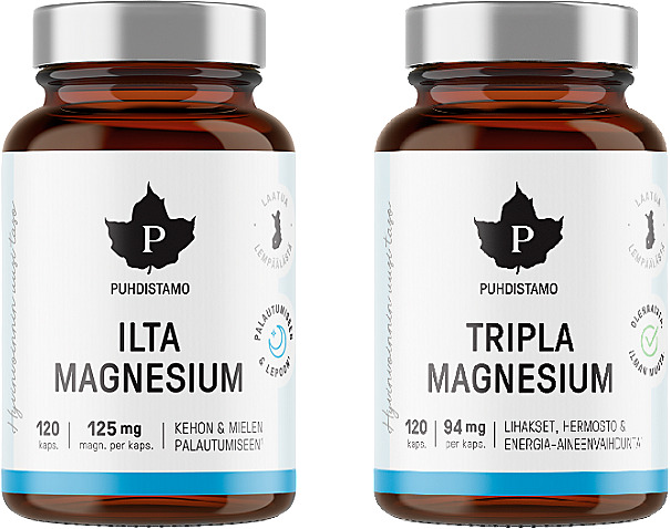 Puhdistamo Tripla Magnesium 120 kapselia tai Ilta Magnesium 120 kapselia