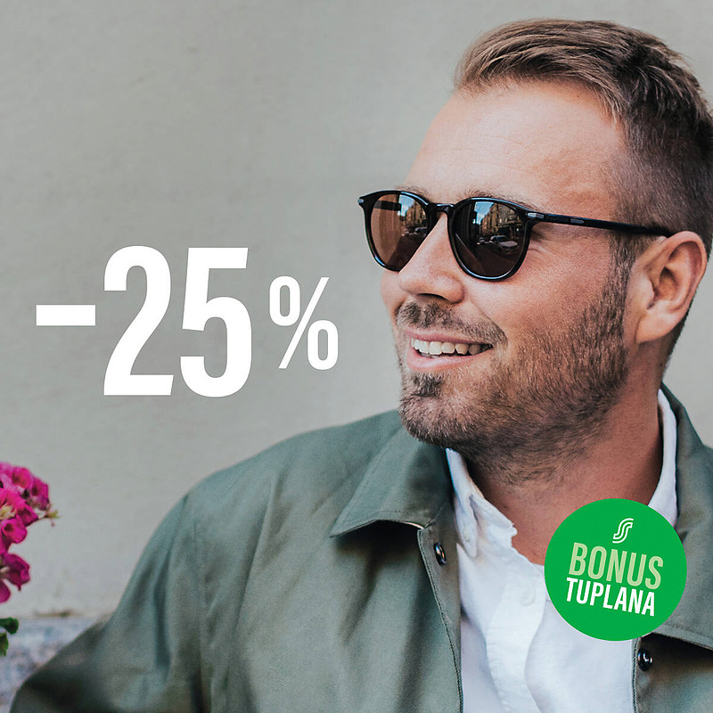 Aurinkolasit, vahvuuksilla tai ilman. Lisäksi S-Bonus tuplana.