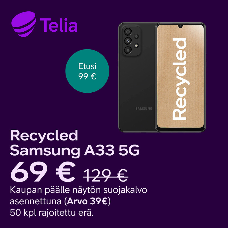Recycled  Samsung A33 5G + näytön suojakalvo asennettuna kaupan päälle. 50 kpl rajoitettu erä. Tarjous on voimassa to ja la. 