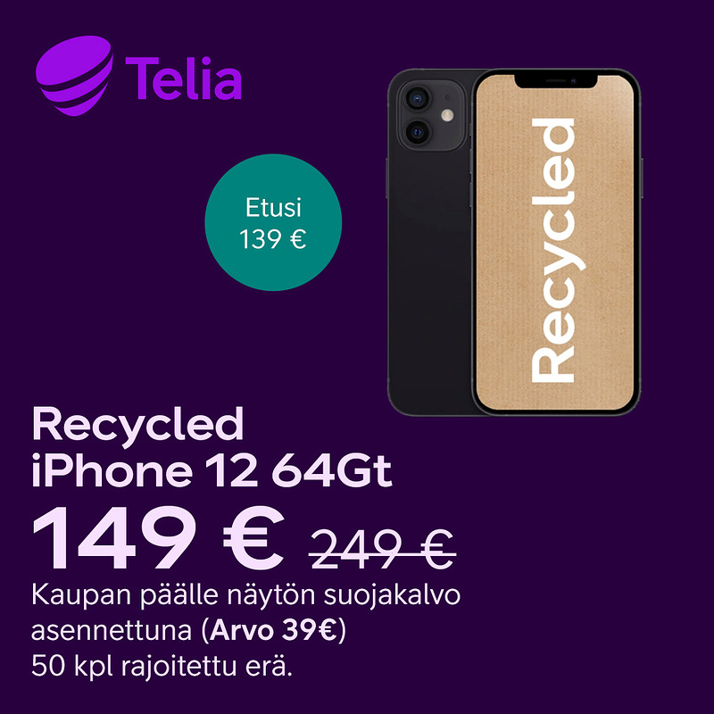Recycled iPhone 12 128Gt + näytön suojakalvo asennettuna kaupan päälle. 50 kpl rajoitettu erä. Tarjous voimassa pe ja su.  
