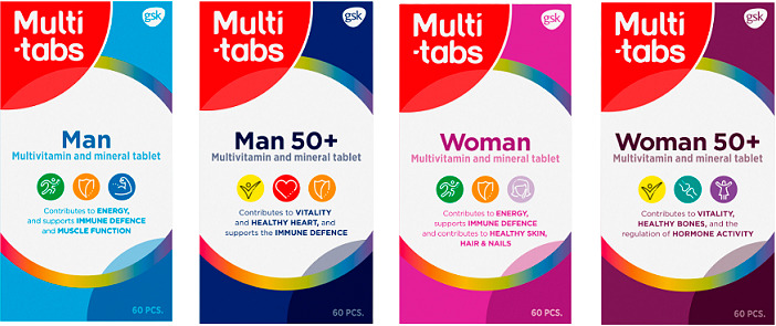 Multi-tabs Man, Woman, Man 50+ tai Woman 50+ 60 tabl. Monivitamiinivalmiste. 4 eri vaihtoehtoa, yhden hinta 10,90