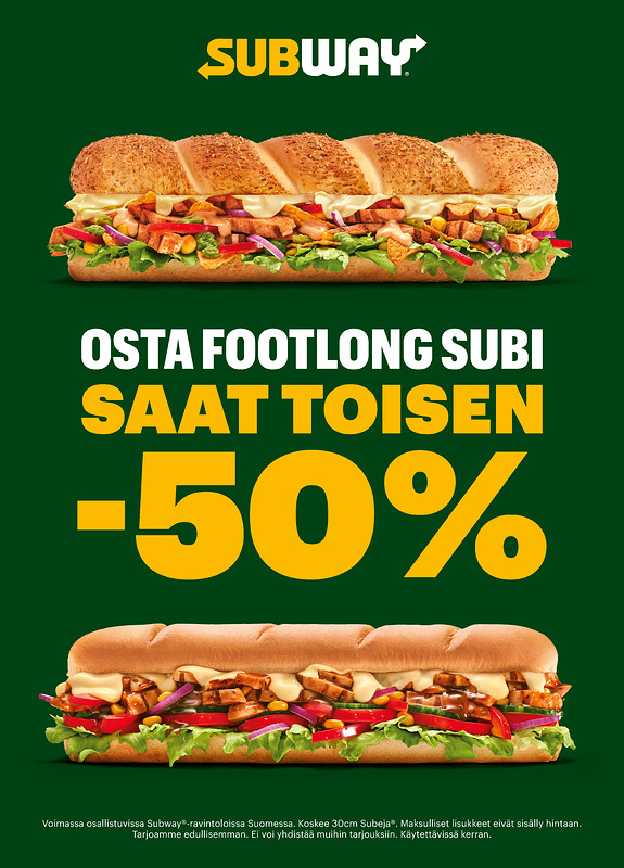 Osta kaksi footlong subia, saat toisen -50 % hinnalla